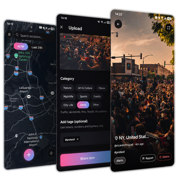 NOW app — map, upload and post screens